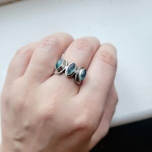 Vintage 925 Sterling Silver Atlantean Blue Stone Bohemian Marquise Ring, size 7